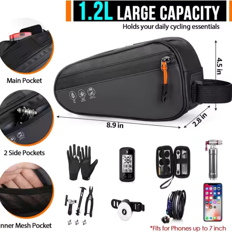 Triangle-shaped 1.2L bag for top tube