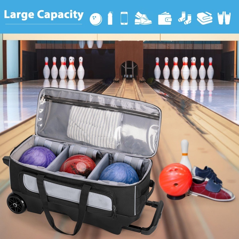 Mobile 3-ball bowling bag with sturdy wheels